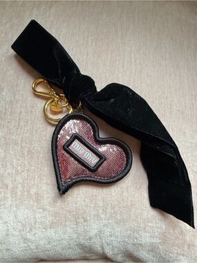 Miu Miu Pink Sequin Heart Bag Charm / Keychain with Black Velvet Ribbon
